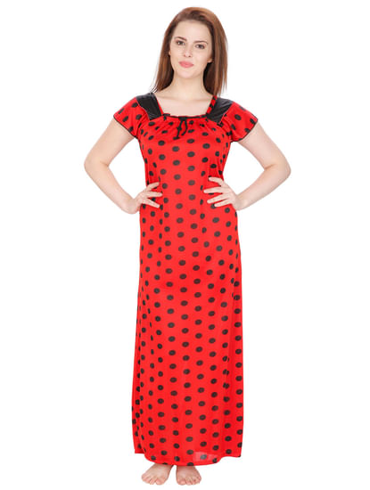 Satin Print Red Nighty (Red, Free Size)