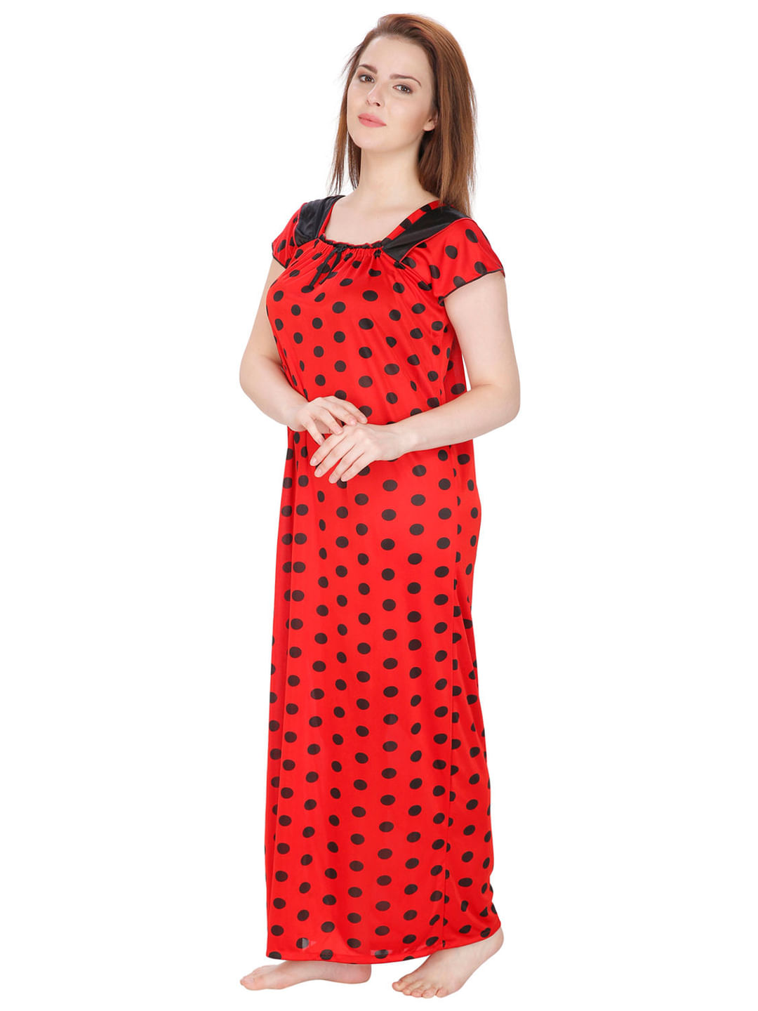Satin Print Red Nighty (Red, Free Size)