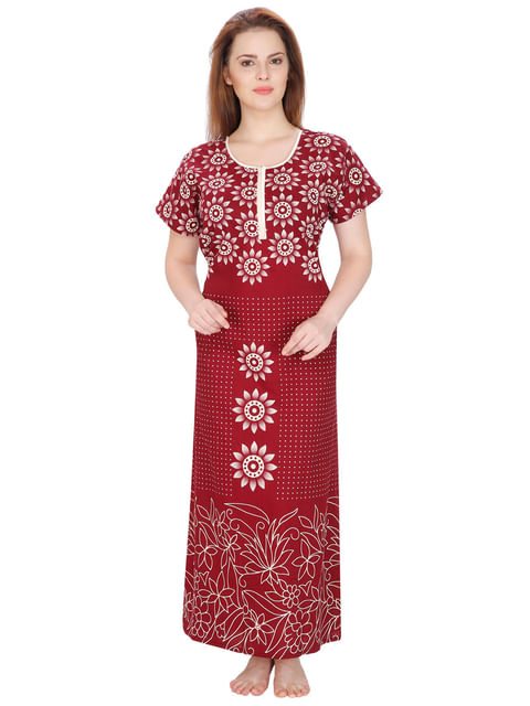 Cotton Maroon Floral Printed Nighty (Free Size)