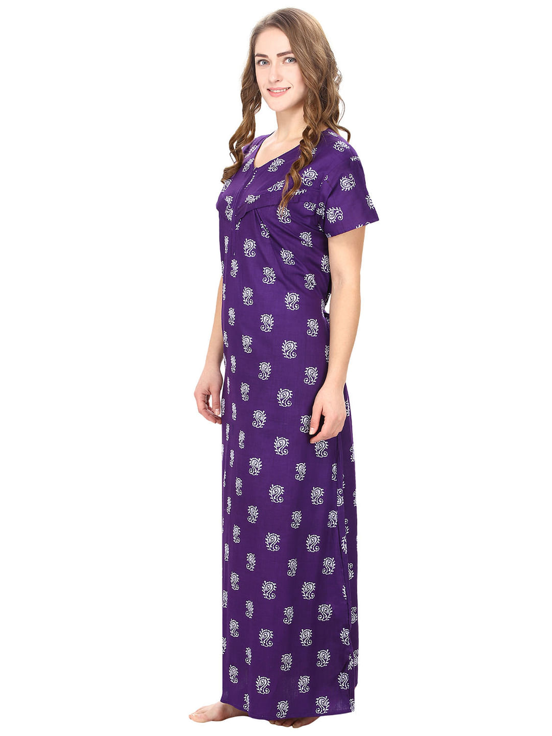 Cotton Purple Printed Maternity Nighty (Free Size)