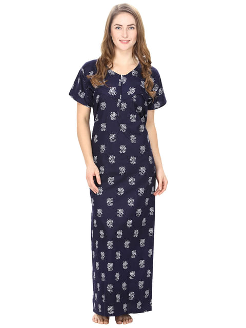 Cotton Navy Blue Printed Maternity Nighty (Free Size)