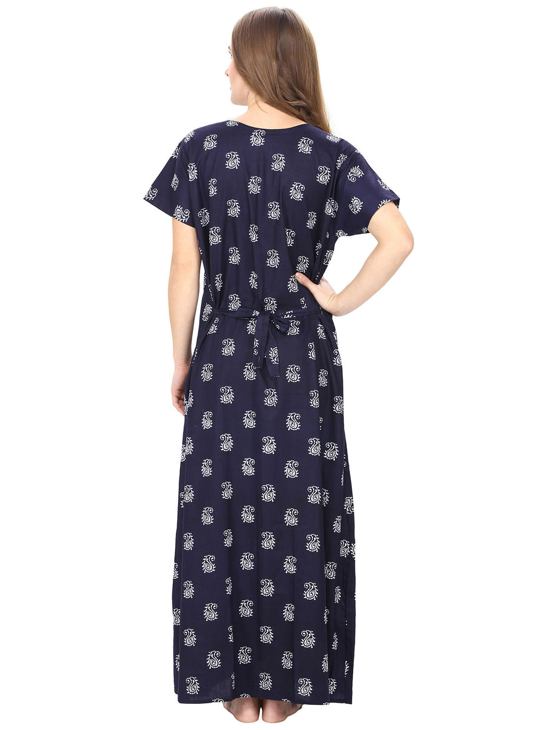 Cotton Navy Blue Printed Maternity Nighty (Free Size)