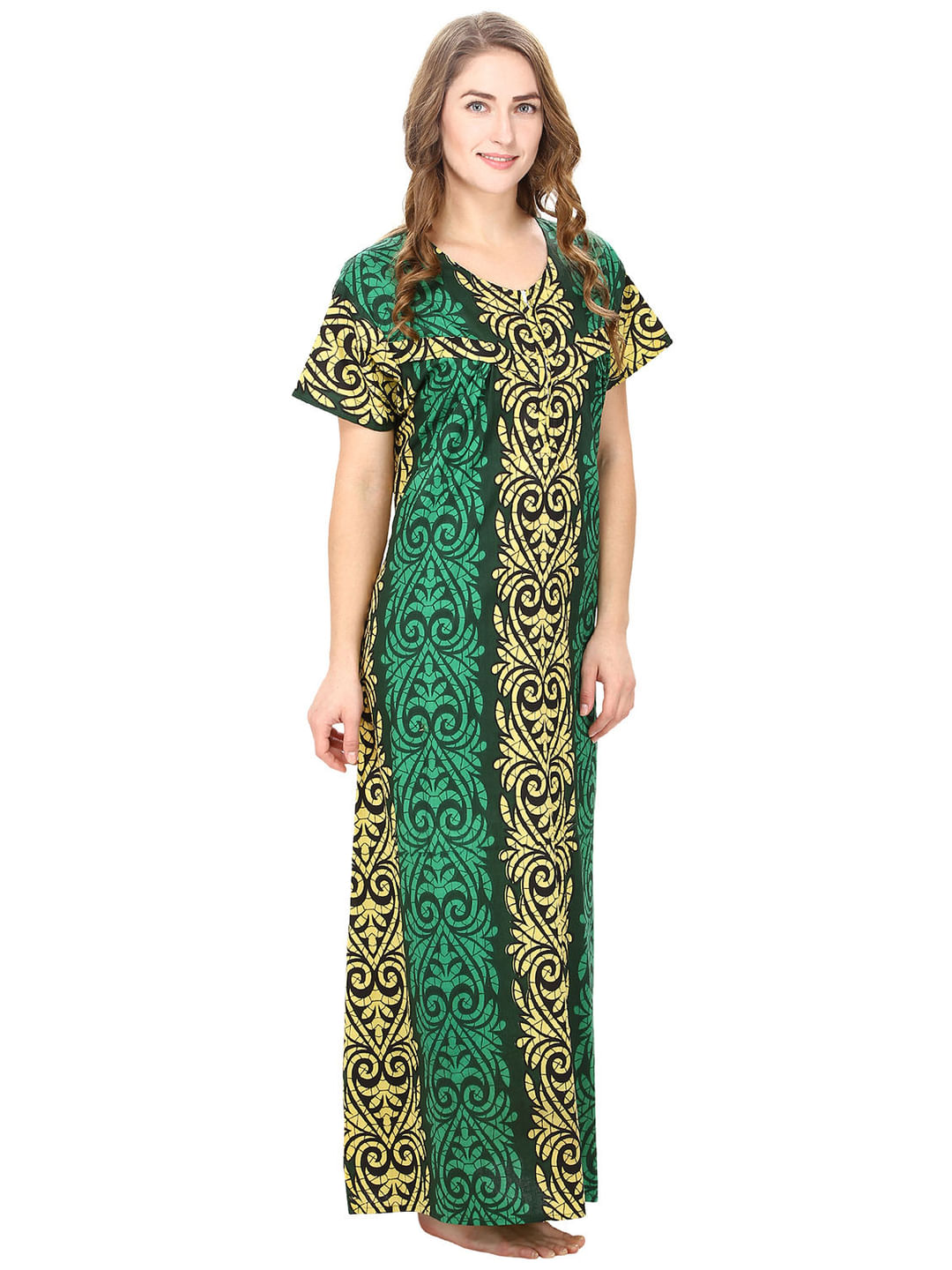 Cotton Green Printed Maternity Nighty (Free Size)