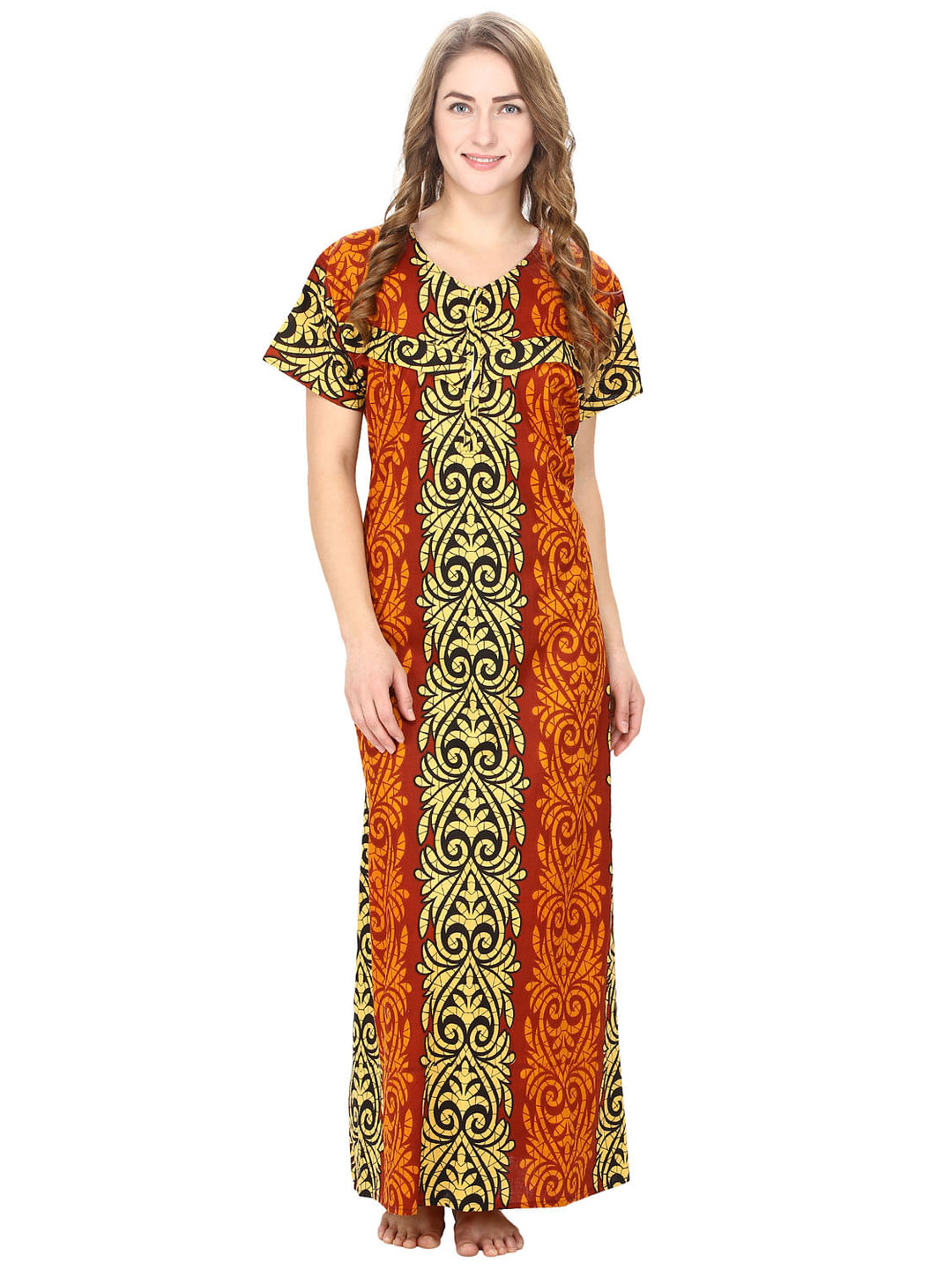 Cotton Yellow & Rust Brown Printed Maternity Nighty (Free Size)