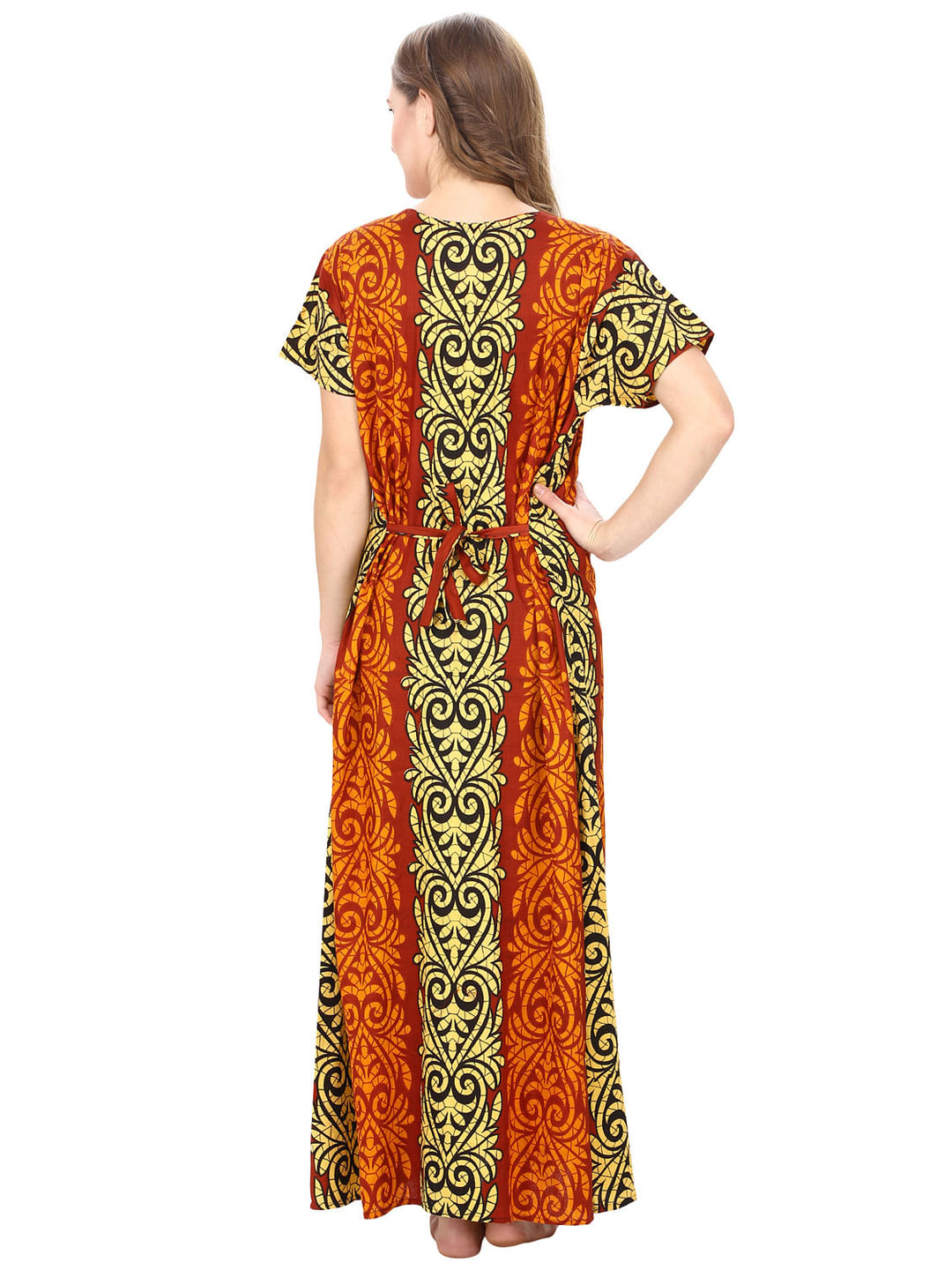 Cotton Yellow & Rust Brown Printed Maternity Nighty (Free Size)