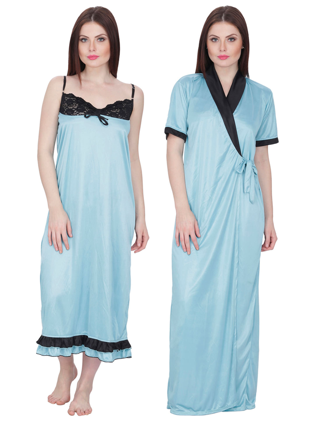 Satin Nighty with Robe (Blue, Free Size)
