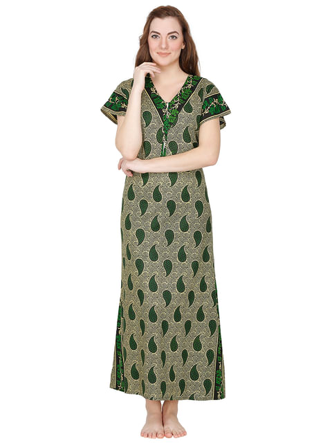 Secret Wish Women's Green-Beige Paisley Print Cotton Maxi Nightdress